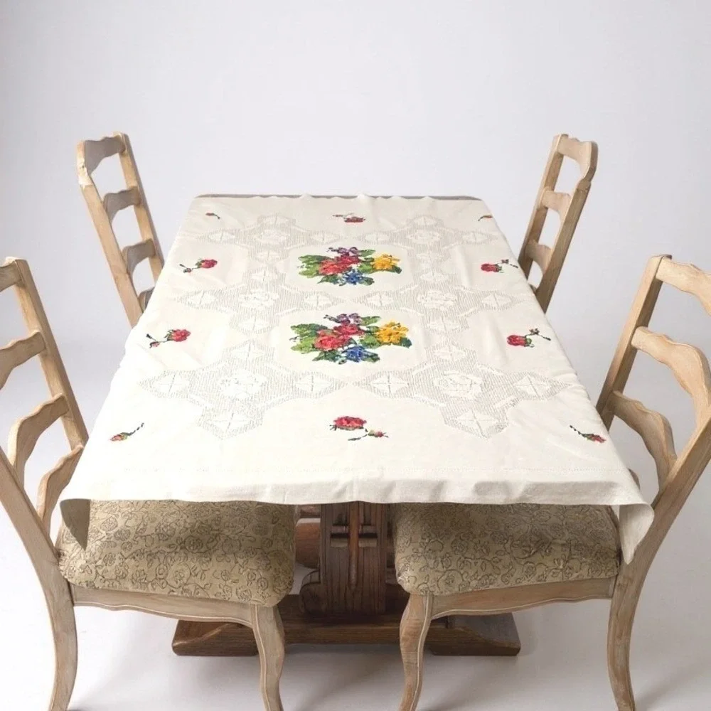 Vintage‎ Hand Embroidered Openwork Floral Tablecloth White Cotton 44